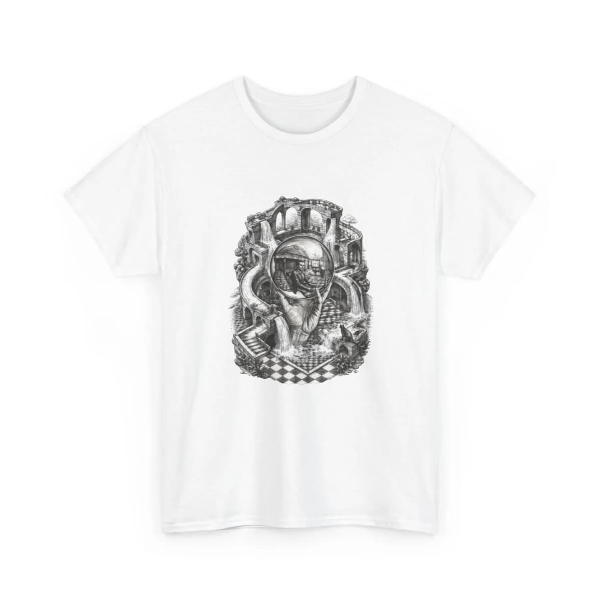 Escher style illustration printed on a T-shirt